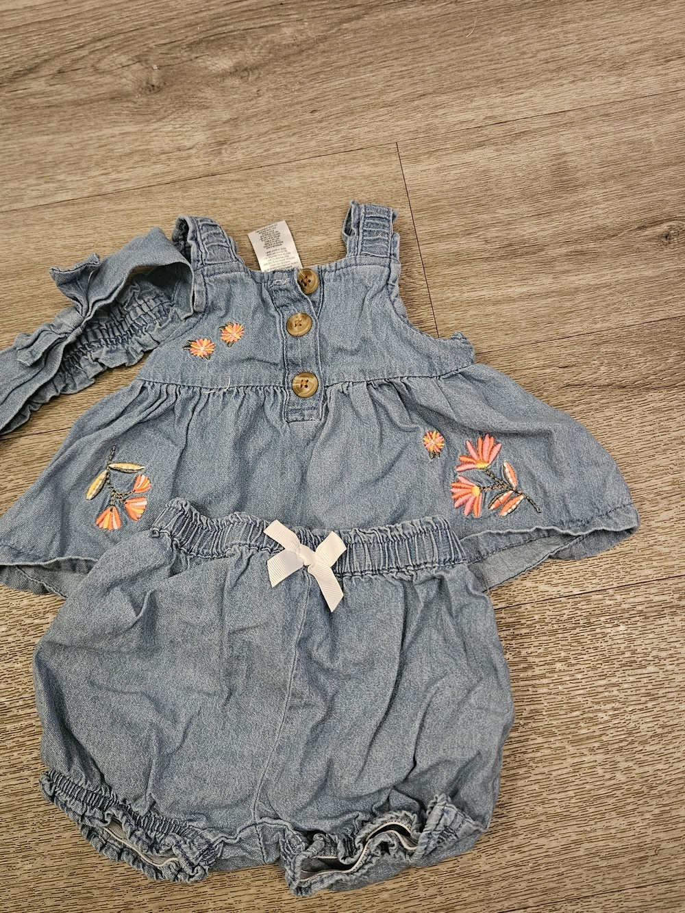 Little Lass Denim Blue Floral Embroidered Baby Girl Romper Set